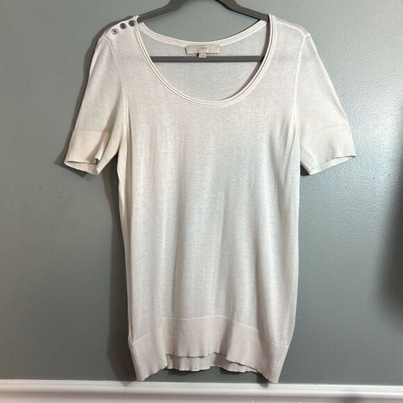 LOFT white scoop neck short sleeve fine rib & rolled trim sweater L - Picture 1 of 7